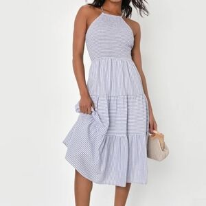 Lulu's Chasing Sunshine Blue and White Striped Seersucker Lace-Up Midi Dress